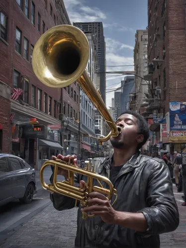 Amidst the bustling city streets, a street performer's melodic trumpet playing captivates passersby.,man with saxophone,trumpet climber,sousaphone,trumpet player,tuba,flugelhorn,trumpeter,saxhorn,saxo