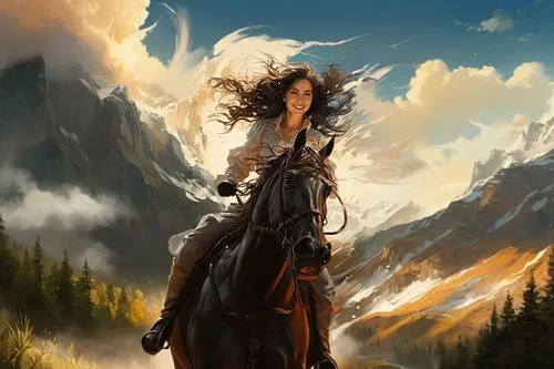 a woman is riding on a horse near a forest,horseback,mountain spirit,horsewoman,wind warrior,fantasy portrait,fantasy picture,the spirit of the mountains,little girl in wind,fantasy art,horseman,the w