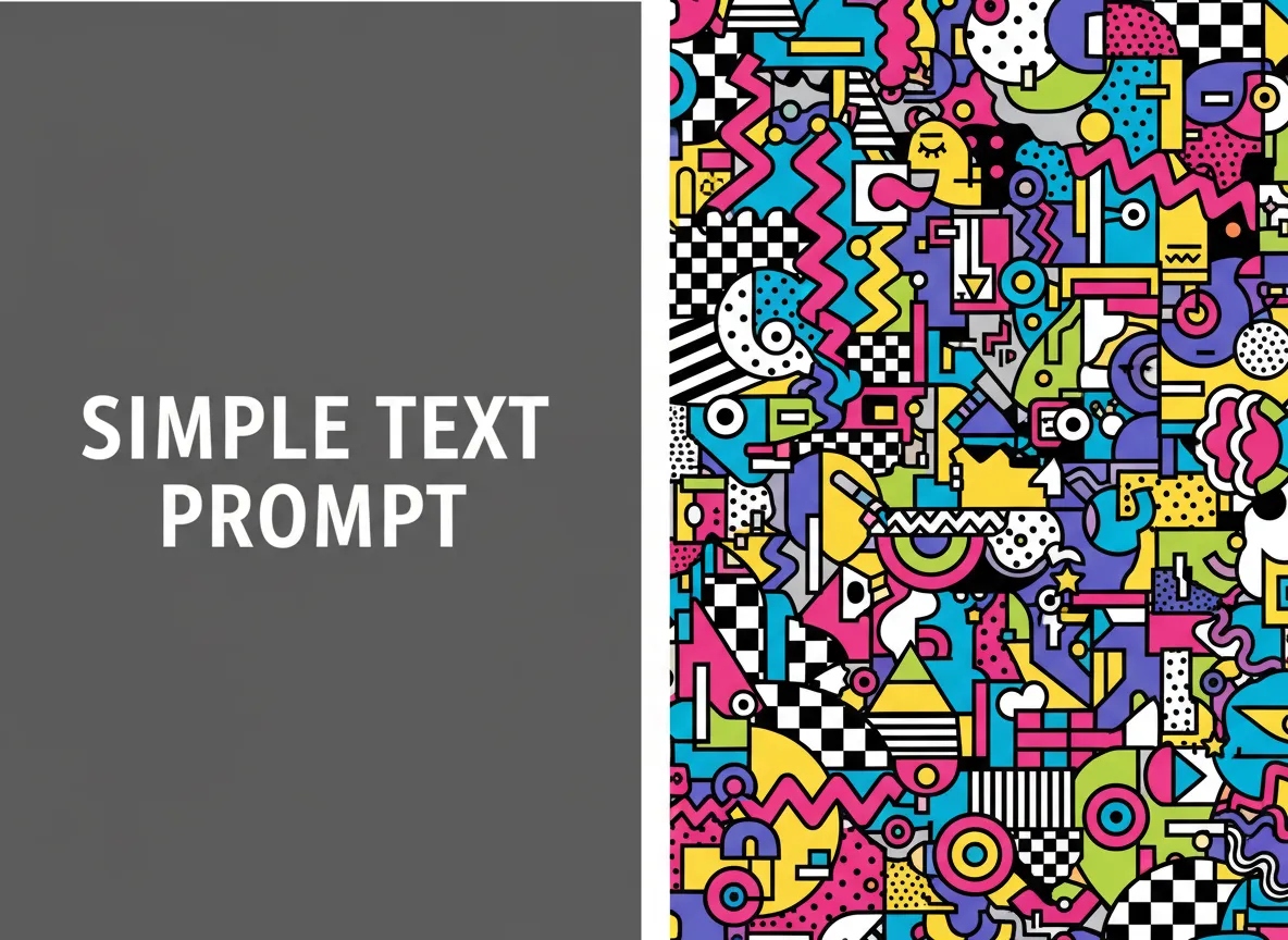 एक स्प्लिट-स्क्रीन दृश्य जिसमें बाईं ओर एक साधारण टेक्स्ट प्रॉम्प्ट और दाईं ओर एक जटिल, पूरी तरह से साकार मेम्फिस डिज़ाइन ग्राफिक दिखाया गया है।