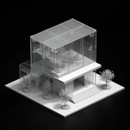 Minimalist style, viewed from an isometric Angle, on a simple black background, modern museum made of crystal, with courtyard, monochrome, close-up, transparent


,a small house built into the top of 