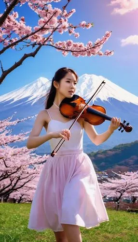 a pretty girl playing violin,  her melody is Japanese song "Sakura ". Background is Fuji mountain. ,woman playing violin,violin woman,violinist,violin player,violin,violinist violinist,playing the vio