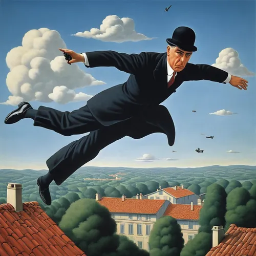 Invent an adventurous caption for a thrilling action shot.,montgolfiade,flying seed,flying penguin,high-wire artist,pigeon flight,flying,dali,leap for joy,flying seeds,jumping jack,pigeon flying,esche
