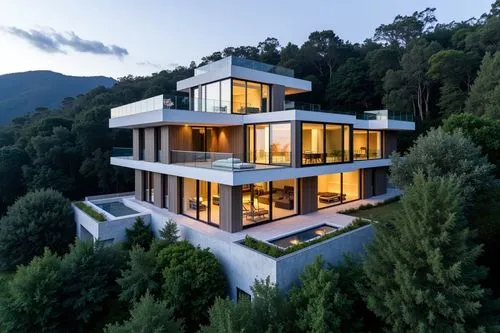 Design stunning glass-walled retreats harmonizing nature with modern elegance.,a very tall white building with lots of windows,house in the mountains,modern house,forest house,house in mountains,cubic