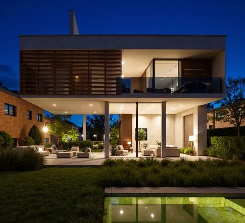 A photo-realistic shoot from a bird's eye view about a modern two-story house with a serene outdoor space at night. the image also shows a modern, minimalist design with a concrete exterior and wooden