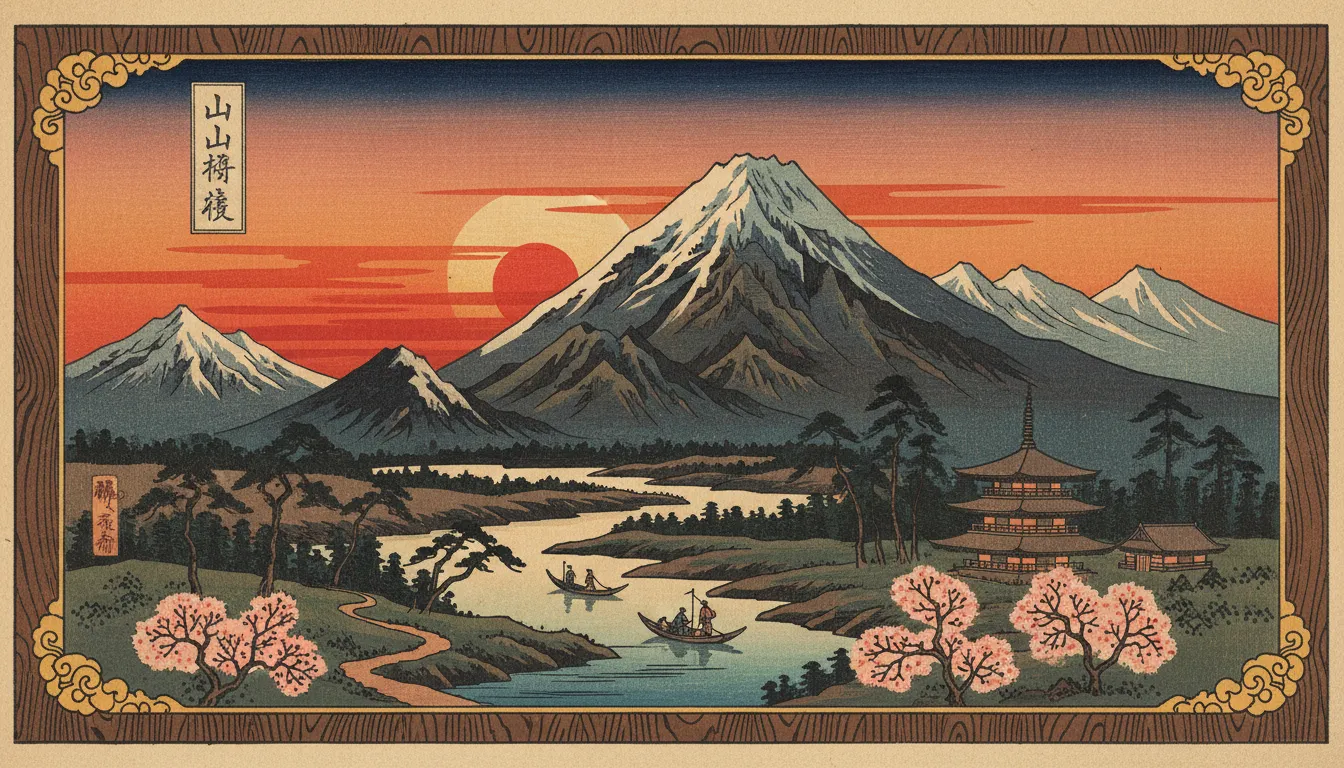 सूर्यास्त के समय एक पहाड़ी परिदृश्य का AI-जनित विस्तृत वुडब्लॉक प्रिंट पोस्टर।