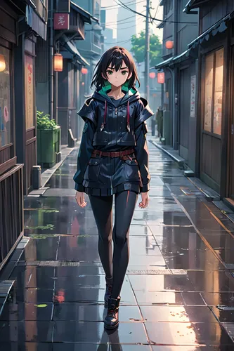 walking in the rain,llenn,anime japanese clothing,parka,rainy,walk,kayano,shibuya,nori,in the rain,alley,harajuku,pedestrian,girl walking away,shinjuku,strolling,walking,alleyway,osaka,rain suit,Anime