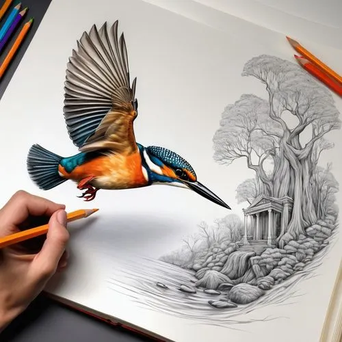 anamorphic 3d drawing of a king fisher flying from mythology being drawn on a sketch book with color pencil.sketch book spring. drawing hand. UHD.8K.,the bird has it's wing extended as he flies low,bi