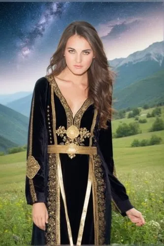 a woman in black and gold clothing standing next to a field,miss circassian,circassia,mervat,celtic woman,caucasus,morgause