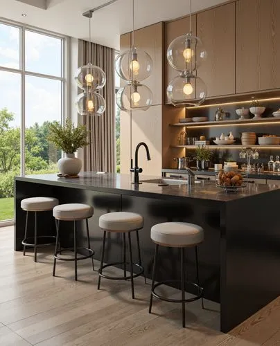 A modern kitchen with a sleek black marble island, plush barstools, and warm pendant lighting, complemented by floor-to-ceiling windows for natural light.,a kitchen with lots of lights and counter spa