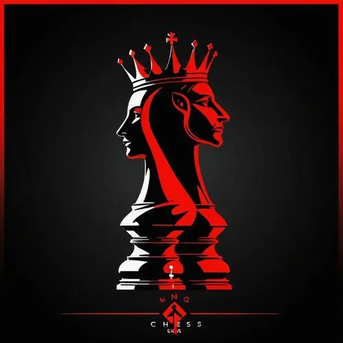 Futuristic cyber contact picture. Netrunner. Black background. King chess piece and queen chess piece on chess board. Red color,a black and red queen chess piece on a black background,crown silhouette