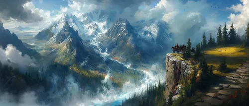 a painting of a mountain valley with lots of trees,gondolin,mountain landscape,mountain scene,fantasy landscape,alpine landscape,mountainside,mountainous landscape,high landscape,autumn mountains,moun