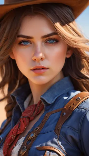 Cowgirl, anime, Wild West, focused, desert, brown hair, blue eyes, salon, high noon, lawless, cowgirl boots, attractive, ultra detailed, ultra quality, cinematic, inspired by Genshin impact character 