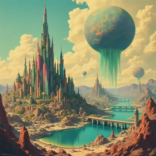 A futuristic city with many buildings and bridges, with an island in the middle of it that has large domes over them. In front is an organic sphere building made from various colored crystals, with gr
