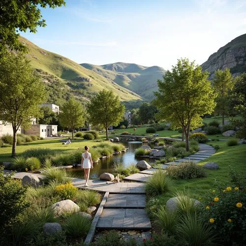 Harmonious landscape integration, rolling hills, lush greenery, meandering water features, natural stone walls, rustic wooden bridges, vibrant wildflowers, sunny day, soft warm lighting, shallow depth