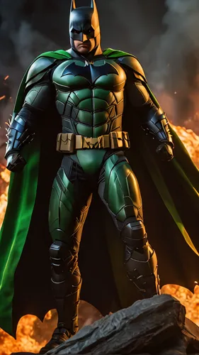 batman with two horn in green flame batman armor suit standing over defeated superman ,lantern bat,batman,superhero background,bat,green lantern,cowl vulture,patrol,figure of justice,cleanup,super her