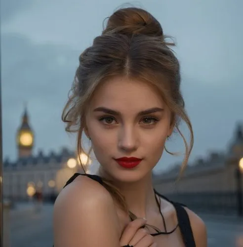 a portrait of a beautiful Caucasian young woman, 22 years old with brown hair, brown eyes, and red lips, she has her hair tied up with a bun, she is wearing a black dress with a neckline. She is stand