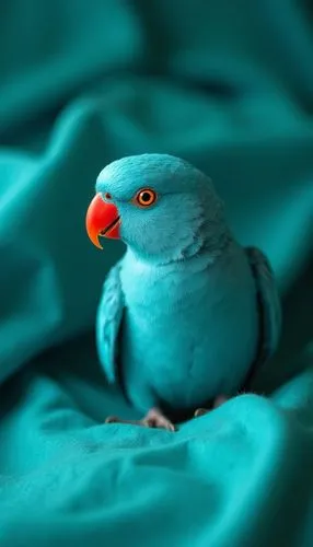 A stunning turquoise parrot perches gracefully against a soft, crumpled teal fabric backdrop. Its vivid red beak contrasts sharply with the bird’s serene blue feathers, creating a striking focal point