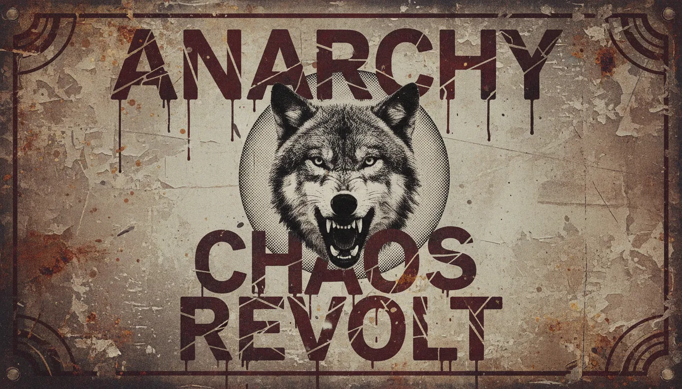 Poster grunge generato da AI con tipografia distorta, un elemento fotografico centrale con effetto mezzitoni e una texture di sfondo grezza.