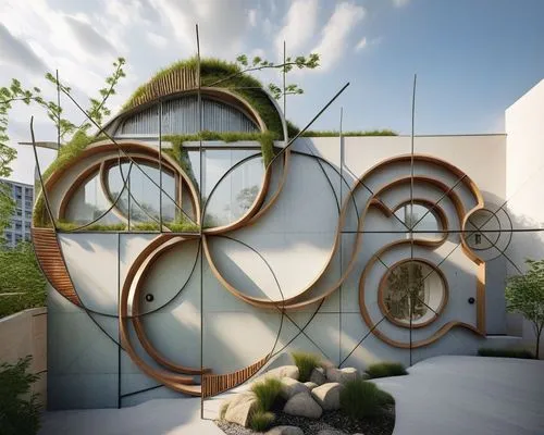 Eco-friendly building. Logo arquidelphos.,trellises,ornamental dividers,semi circle arch,tracery,roundels,kinetic art