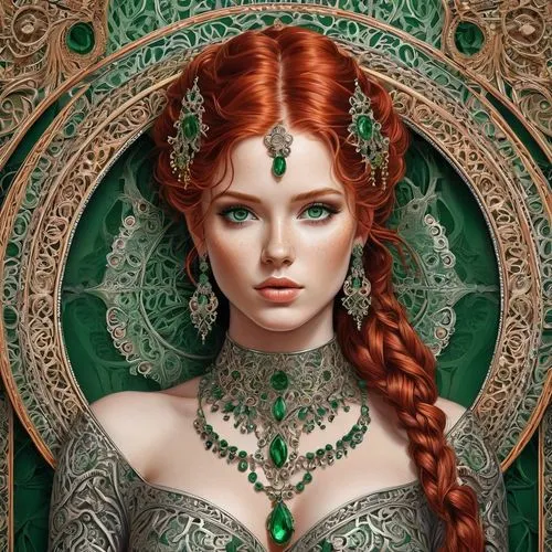 Beautiful red haired young woman with piercing green eyes.,celtic queen,merida,fantasy portrait,elven,emerald,the enchantress,green wreath,fantasy art,caerula,poison ivy,filigree,ornate,anahata,artemi