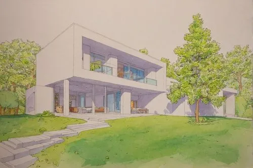 Architecture Drawing
,an architectural drawing of a home surrounded by trees,house drawing,modern house,mid century house,neutra,residential house,passivhaus,watercolor sketch,landscaped,house paintin