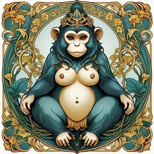 a chubby anthropomorphic female monkey i,the illustration shows a monkey sitting on its knees and arms out to the side,monkey god,simian,gorilla,chimpanzee,rhesus,monkeys band,monkey,chimp,monkey fami