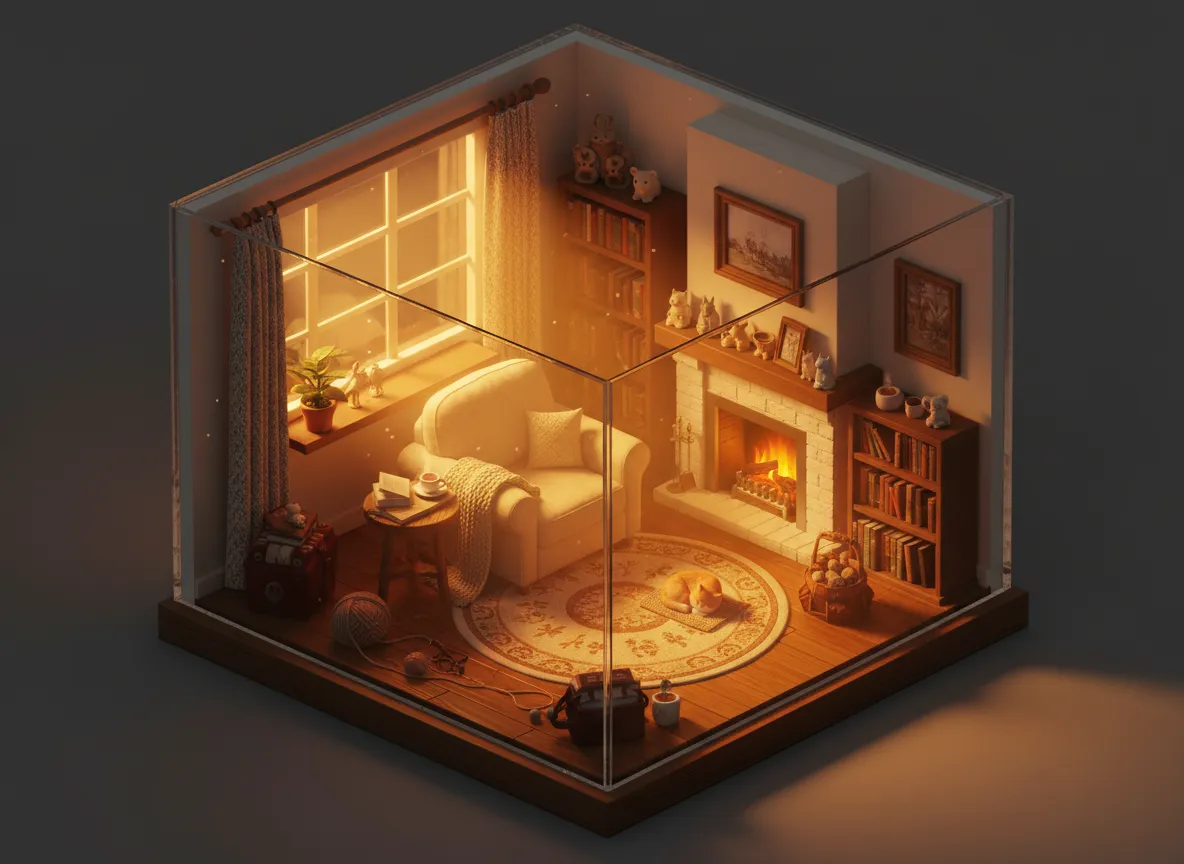 Ein isometrisches Szenendesign eines gemütlichen Raum-Dioramas mit warmer, volumetrischer Beleuchtung, die durch ein Fenster strömt.