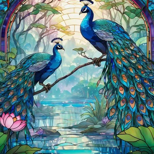 three beautiful peacocks are strutting by a beautiful blue lake with lotuses in it,two peacocks sit on the nch of a tree,tropical birds,blue macaws,bird kingdom,flower and bird illustration,blue birds