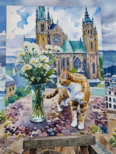Кот, хризантемы и собор на дальнем плане,a painting of a cat with white flowers in a vase on a table,flower painting,decoupage,delft,flower cat,floral greeting card,glass painting