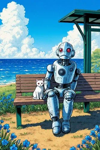 a anime style robot sitting on a country side bus stop bench with a cat, behind blue ocean view, bus stop beautiful, blue flowers, clouds in the sky, vibrant color,robots,automatons,chat bot,man on a 