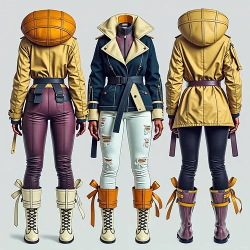 three people in jackets and jeans stand on a white background,winter clothing,clover jackets,jackets,costumes,straitjacketed,concept art,protective clothing,fashion vector,jacket,winter clothes,outerw