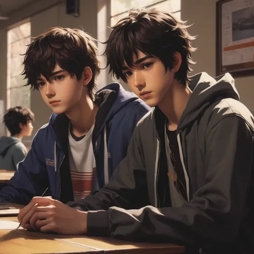 An anime AI befriends a teen and helps him navigate high school dramas.,study,students,tutoring,detention,anime cartoon,children studying,river pines,coffee shop,teens,two wolves,teenagers,classroom,t