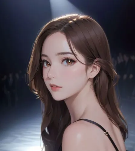 a close up anime of a beautiful young caucasian woman 23 years old, long brown hair, brown eyes red lips, wearing a elegant black dress, she is sitting in a seat in a teather, she is looking back, tur