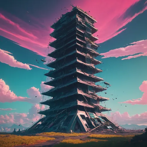 A tower struck down,pagoda,tower of babel,russian pyramid,bird tower,stone pagoda,beacon,futuristic landscape,animal tower,temples,steel tower,pyramids,pyramid,cellular tower,electric tower,monolith,t