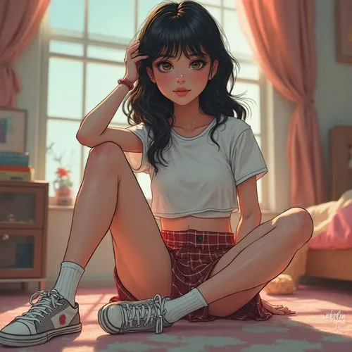 A captivating anime-style portrait of a wide-eyed young woman, rendered in ethereal line art. She wears a cropped t-shirt, her midriff exposed, a pleated plaid skirt, white socks with sneakers. Her bl