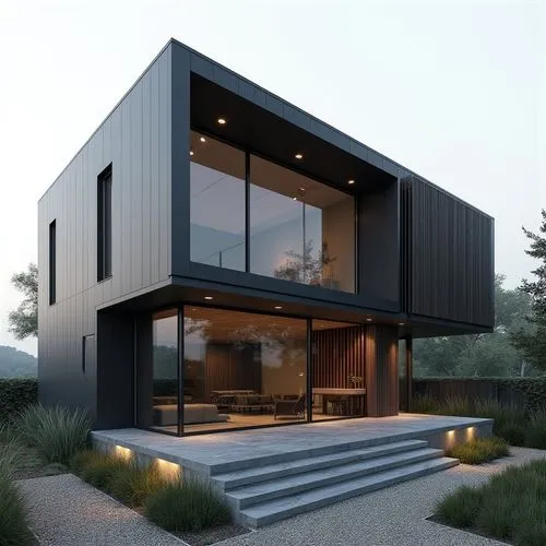 A hyper-realistic, high-resolution architectural photograph of a sleek, two-story modern residence with a minimalist, all-black exterior. The building’s façade is composed of smooth, matte metal panel