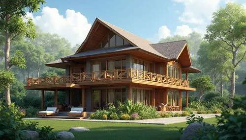 A beautiful one-story modern tropical house with a steep pointed roof, elegant wooden balcony, large glass windows, spacious veranda, natural stone walls, surrounded by lush green garden and colorful 