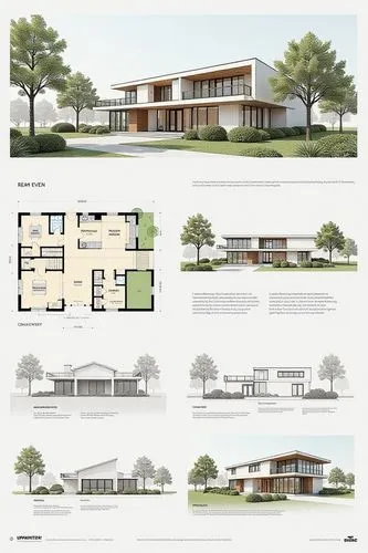an architectural presentation board of an artist's residence design with floor plans, views perspectives 3D renders and texts in a neatly composed sheet with space and balanced formatted graphics

,a 