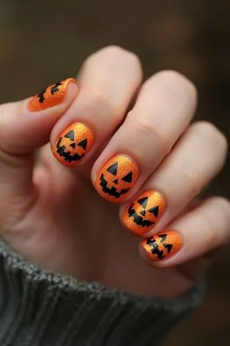 Nils Design, hallowen nails,
Show a realistic image of a Beautiful bright Hand with Five Fingers that reflects the following nail art: Glittering Jack-o'-lanterns Nail Art. I love turning my nails int