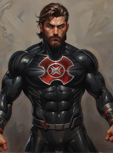 A futuristic warrior in a black armored suit with a red emblem on his chest prepares for battle under a stormy sky. The camera dramatically zooms in as the wind blows through his hair. Lightning strik