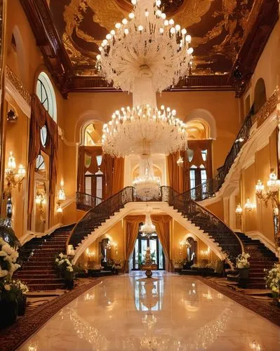 Luxurious banquet hall, grand chandelier, high ceiling, marble floor, golden wallpaper, velvet curtains, intricately carved wooden doors, circular tables with white linens, elegant candelabras, flower