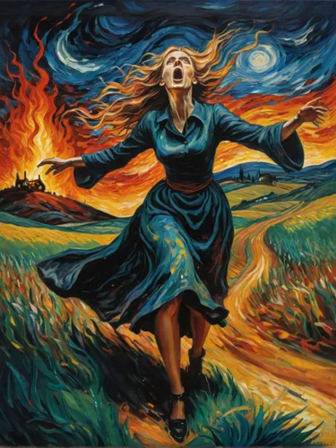 an extremely attractive witch in tight dress, torch in hand, full of anger, scream, very deep reveal, skirt slit, leg, field, hills, fire in farest, Sfumato and chairoscuro, oil painting, horror, chao