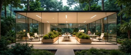 A modern, transparent office structure in the rainforest, displaying a refined interior that harmonizes Apple’s design simplicity with natural elements. Through the sleek glass exterior, each workstat
