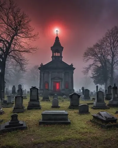 Haunted house, Scary building, Scary-Looking Structures, red lignts, Envision structures that evoke an atmosphere of dread and mystery, buildings, dark, dangerous,,fog surrounds a church in the countr