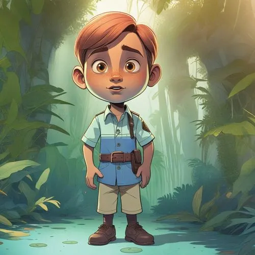 a cartoon character stands in front of a dense rainforest,miguel of coco,arrietty,mowgli,cute cartoon character,adrien,tarzan,tulio,gavroche,madagascan,menehune,kids illustration,rafael,kiriasis,marco