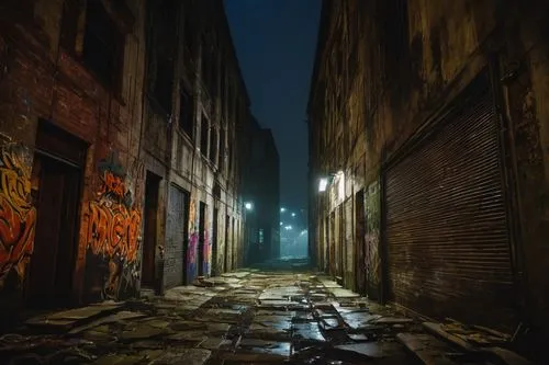 Gangster, urban, modern, concrete, steel, brutalist, angular, rugged, graffiti, neon lights, cityscape, night, misty, atmospheric, dramatic lighting, low-angle shot, wide-angle lens, cinematic composi
