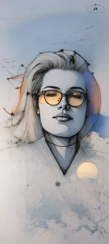 a picture of a woman in glasses and a jacket with a sun spot,quicksilver,aviatrix,ski glasses,cloud shape frame,snow drawing,head woman
