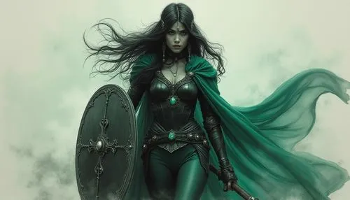 In the midst of a fierce battle, a regal female elf barbarian with black hair. She wears a sleek black helmet adorned with a filigree metal threads, showcasing her armor. Her body is coated in a vast,