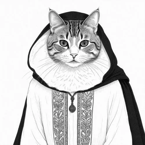 cat wearing outfit drawn in line by artist john staune,archbishop,coadjutor,catechumen,cassock,cassocks,archpriest,Design Sketch,Design Sketch,Detailed Outline