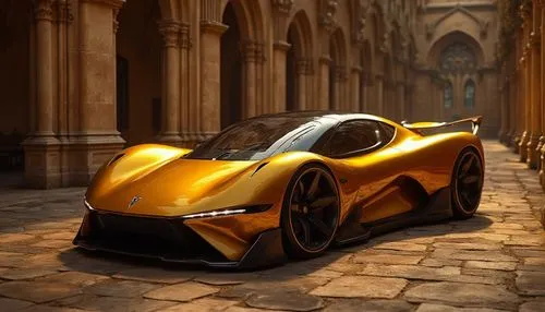 "Futuristic gold sports car concept, grand Gothic interior, atmospheric lighting, stone archways, premium automotive visualization",an orange, futuristic car in front of a tall building,concept car,fu